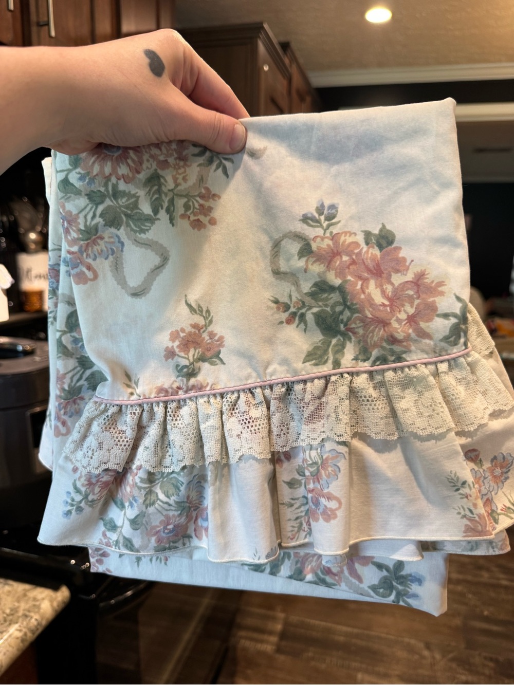 Vintage Floral Ruffled Pillow Shams - Pastel Pink and Green